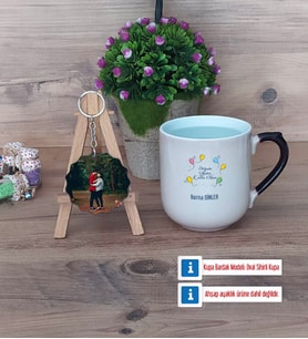 Doğum Günü Hediyesi Kupa Bardak Beyaz ve Fotoğraflı Ahşap Anahtarlık Hediye (Model 10)