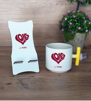 Love Sevgili Hediye Sepeti Kupa Bardak T Kulplu ve Ahşap Telefon Standı Sevgiliye Sevgililer Günü Hediyesi (Model 5)