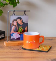 Ahşap Standlı Fotoğraflı Çerçeve & Kişiye Özel Ahşap Sunumlu Çay & Nescafe Fincanı (Turuncu)