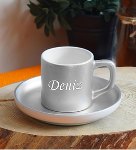 Kişiye Özel Renkli Fincan Seti & 16 Farklı Renk Seçeneği (Gümüş)