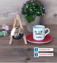Bankacı Türk Kahvesi Fincanı Ahşap Altlıklı ve Fotoğraflı Ahşap Anahtarlık Hediye (Model 3)