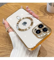 Uyumlu Model Apple iPhone 13 Pro Max Kılıf Magsafe Kamera Lensli Korumalı Şeffaf Silikon Kapa (Gold)