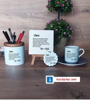Amcaya Hediye Hediye Seti Dekoratif Taş, Kalemlik, Ahşap Altlıklı Türk Kahvesi Fincanı, Ahşap Anahtarlık Hediye (Model 4)