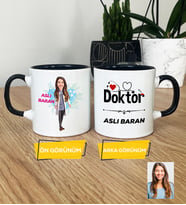 Kişiye Özel Karikatürlü Doktor Hediye Kupa Bardak Kadın Doktora Hediye Tıp Bayramı Hediyesi (Siyah)