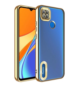 Xiaomi Redmi 9C Kılıf Kamera Korumalı Logo Gösteren Şeffaf Kapak (Gold)