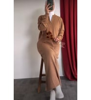 BOĞAZ FERMUAR DETAYLI BOYDAN İNCE TRİKO ELBİSE (Nude)