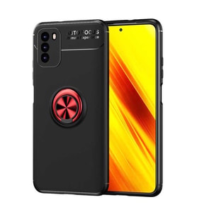 Xiaomi Redmi Note 9 4G Kılıf Yüzüklü Standlı Manyetikli Silikon (Siyah-Kırmızı)