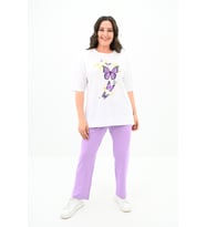 Kadın Büyük Beden Kelebek Baskı Detaylı T-shirt Takım 8114-25 (Lila)