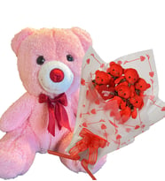 SOLE Anneler  Gününe ÖZEL:  Sevimli 35 cm Peluş Ayı ile Premium Yumoş Kırmızı Peluş Ayıcık Buketi (Pembe)