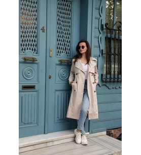 Pastelastore Esnek Pamuk Gabardin Uzun (110cm) Astarsız Kadın Trençkot 1117 (Taş)