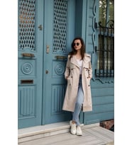 Pastelastore Esnek Pamuk Gabardin Uzun (110cm) Astarsız Kadın Trençkot 1117 (Taş)
