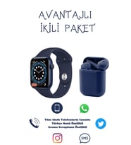Tüm Akıllı Telefonlarla Uyumlu Yeni Nesil Watch 7 Series Akıllı Saat Smart Watch + i12 Kablosuz Bluetooth Kulaklık İkili Paket (Lacivert)