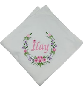 Kişiye Özel Penye Battaniye Rococo Desenli Pembe (Beyaz)