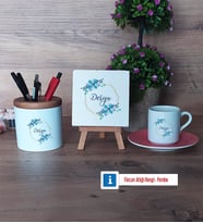 İsme Özel Doğum Günü Hediyesi Hediye Seti Dekoratif Taş, Kalemlik, Ahşap Altlıklı Türk Kahvesi Fincanı Hediye (Model 6)