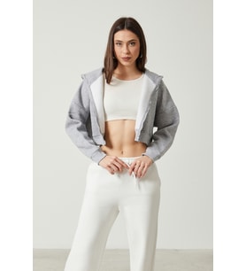 Twenty3 Kadın Basic Fermuarlı Kapüşonlu Crop Kalın İçi Polarlı Örme Sweatshirt (Gri)