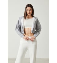 Twenty3 Kadın Basic Fermuarlı Kapüşonlu Crop Kalın İçi Polarlı Örme Sweatshirt (Gri)