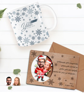 BK Gift Kişiye Özel Mutlu Yıllar Kupa Bardak ve Retro Ahşap Yılbaşı Tebrik Kartı Hediye Seti-7 (Mavi)