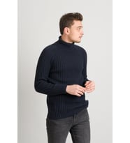 Slimfit Kendinden Çizgili Tam Balıkçı Pamuklu Kalın Triko Erkek Kazak (Lacivert)