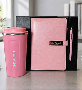 Kişiye Özel Pembe Deri Ajanda & Kalem & Coffee Pink Çelik Termos Premium Hediye Seti