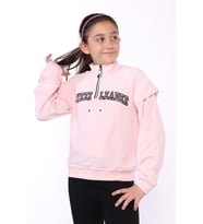Toontoy Kız Çocuk Fermuar Detaylı Nakışlı Kadife Sweatshirt (Pudra)