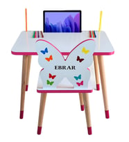 Çocuk Masa Sandalye Takımı Tekli (Pembe Kelebekli) Tablet, Telefon Kalem yeri, Yaz Sil Özellikli Yüzey Masa (Pembe)