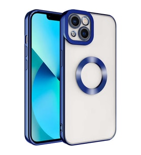 Apple iPhone 14 Kılıf Case, Logo Showing Serisi, Şeffaf, Kamera Korumalı, Logo Gösteren Renkli Çizgi Tasarım (Mavi)