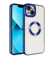 Apple iPhone 14 Kılıf Case, Logo Showing Serisi, Şeffaf, Kamera Korumalı, Logo Gösteren Renkli Çizgi Tasarım (Mavi)