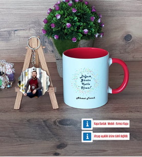 Doğum Günü Hediyesi Kupa Bardak Beyaz ve Fotoğraflı Ahşap Anahtarlık Hediye (Model 2)