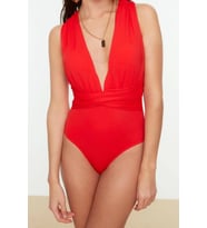 Kadın Moda Atma Kap Askılı Derin V Yaka Kırmızı Derin Dekolteli Drapeli Hipster Mayo (Kırmızı)
