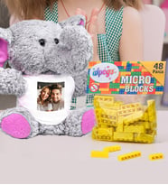 Kişiye Özel Peluş Pembe Fil Ve Renkli Micro Blocks Lego (Sarı)