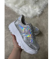 Günlük Kadın Sneaker Yüksek Taban Bağcıklı Tiger Şeritli Spor Ayakkabı 032 (Gümüş-Beyaz)