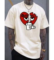 Unisex Kırık Kalp bardak Baskılı Oversize Tshirt (Bej)