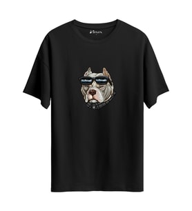 neyex Glassed Dog Baskılı %100 Pamuk Owersize Tişört 30/1 Süprem Penye (Siyah)