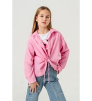 Kız Çocuk Önden Bağcıklı Gömlek T-Shirt İkili Takım 1801 (Pembe)