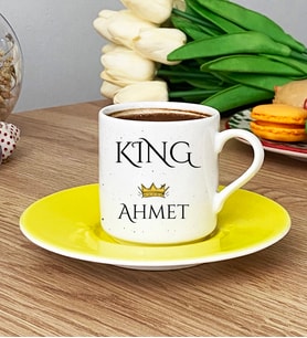 Kişiye Özel King Türk Kahvesi Fincanı Sevgiliye Hediye (Sarı)