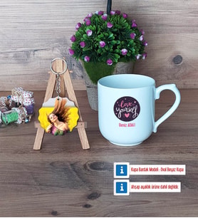 Love Yourself Kupa Bardak Beyaz ve Fotoğraflı Ahşap Anahtarlık Hediye (Model 5)