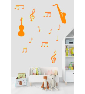Müzik ve Notalar Dekortaif Duvar Sticker (Turuncu)