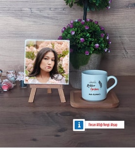 Rehber Öğretmen Fotoğraflı Dekoratif Taş, Ahşap Altlıklı Türk Kahvesi Fincanı Hediye (Model 1)