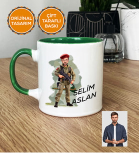 Kişiye Özel Karikatürlü Asker Kupa Bardak Beyaz Askere Hediye Asker Sevgiliye Hediye (Yeşil)