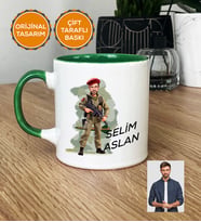 Kişiye Özel Karikatürlü Asker Kupa Bardak Beyaz Askere Hediye Asker Sevgiliye Hediye (Yeşil)