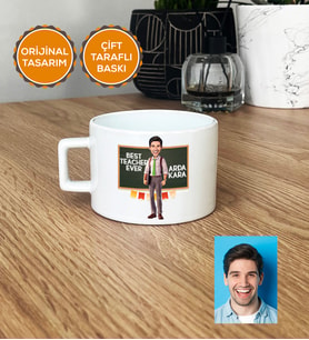 Kişiye Özel Karikatürlü Sınıf Öğretmeni Hediye Lüks Fincan Erkek Sınıf Öğretmenine Öğretmenler Günü Hediyesi (Beyaz)