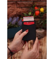 Suni Deri Unisex Mekanizmalı Vegan Deri Kartlık Cüzdan Portföy (Siyah-Siyah)