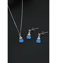 Papatya Silver 925 Ayar Gümüş Mavi Opal Yuvarlak Kolye Ve Çiftli Küpe (Rodyum)