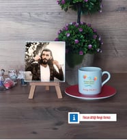 Doğum Günü Hediyesi Fotoğraflı Dekoratif Taş, Ahşap Altlıklı Türk Kahvesi Fincanı Hediye (Model 3)