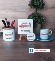 Kütüphaneci Hediye Seti Dekoratif Taş, Kalemlik, Ahşap Altlıklı Türk Kahvesi Fincanı, Ahşap Anahtarlık Hediye (Model 5)