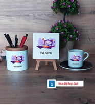Bilgisayar Mühendisi Hediye Seti Dekoratif Taş, Kalemlik, Ahşap Altlıklı Türk Kahvesi Fincanı Hediye (Model 7)