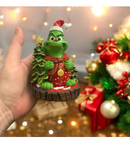 Yılbaşı Dekoratif Beton Grinch Figürü - Christmas Temalı El Yapımı Biblo 12x8,5cm (Yeşil-Beyaz)