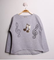 Toontoy Kız Çocuk T-Shirt Pullu Nota Nakış ( Gri-Melanj)