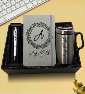 Kişiye Özel Çelik Bardak Termos & Defter & Kalem Hediye Seti (Gri)