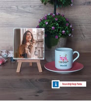 Müzik Öğretmeni Fotoğraflı Dekoratif Taş, Ahşap Altlıklı Türk Kahvesi Fincanı Hediye (Model 6)